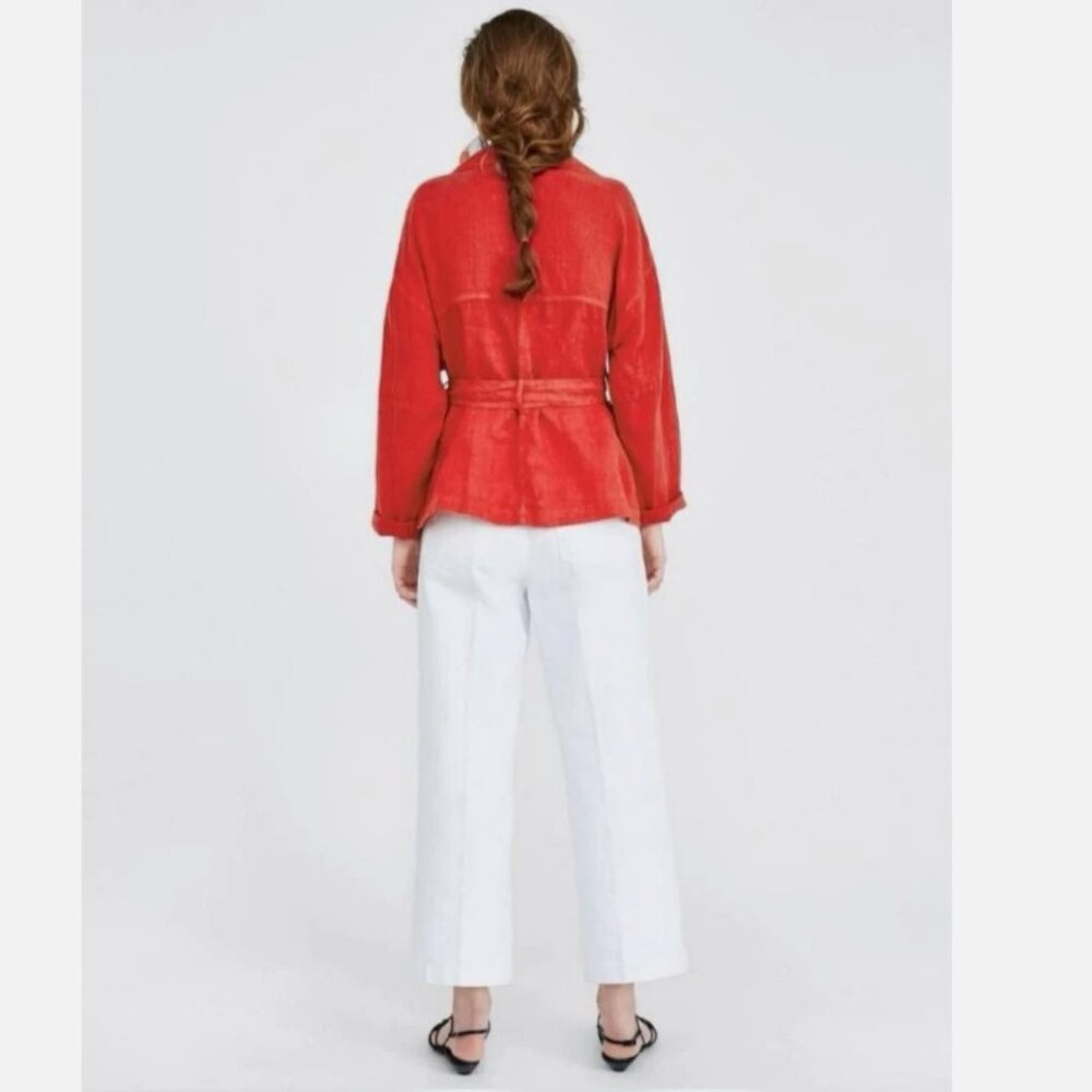 Zara Basic‎ Jacket Womens L Red Orange 100% Linen *Missing Belt* - Picture 7 of 12